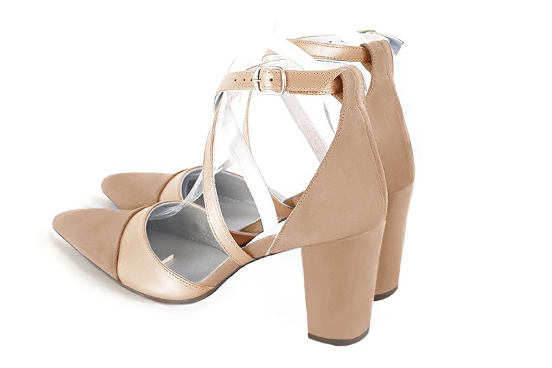 Biscuit beige and gold women's open side shoes, with crossed straps. Tapered toe. High block heels. Rear view - Florence KOOIJMAN